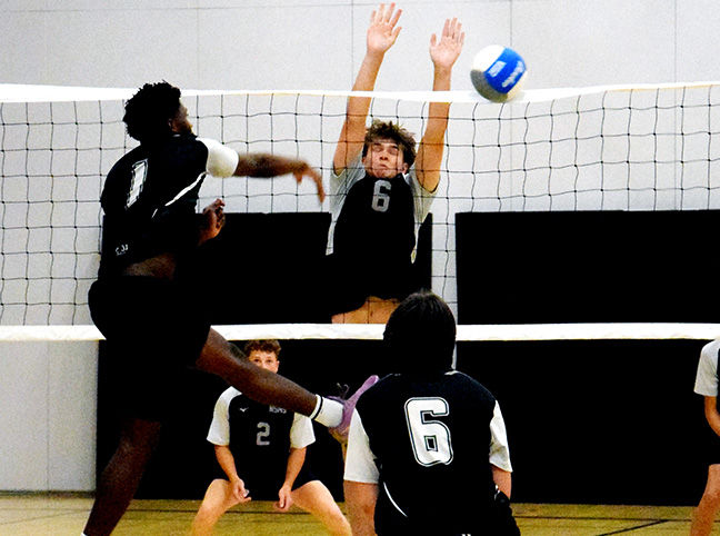 North Star’s Brennan Leal goes up for a block versus Lajeunesse last Thursday afternoon.