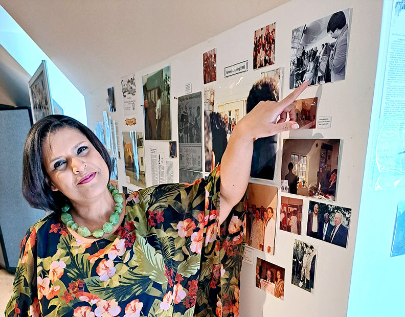 Irene Moore Davis points to a photo taken the day the Amherstburg Freedom Museum opened.