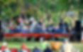 Band performs on an outdoor stage in a park, with seated audience on the grass and trees behind.