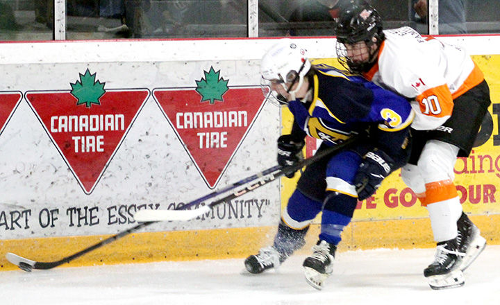 Two hockey players in action, one in blue and yellow, the other in white and orange, against an ice rink wall with Canadian Tire ads.