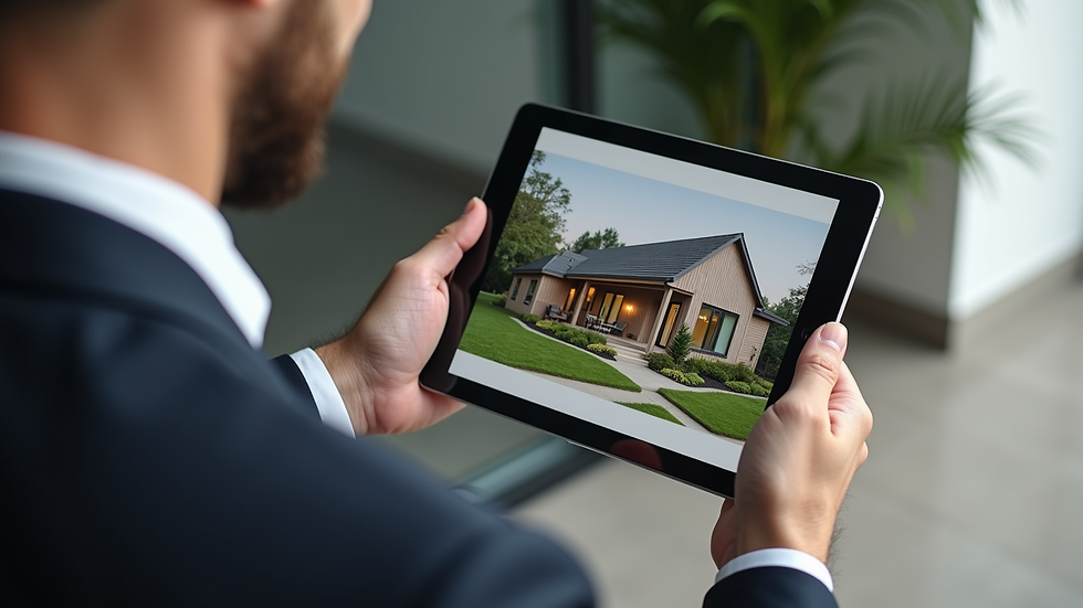 Close-up view of a real estate agent showing a house listing on a tablet
