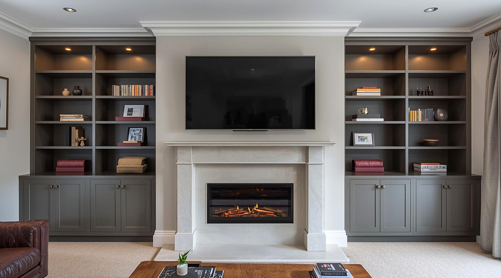 Custom alcove units, shelving and media wall with fireplace and mounted tv in a North London home