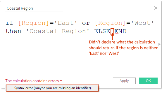 example of a syntax error in Tableau