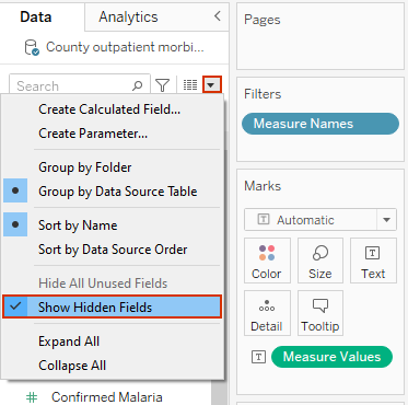 showing all hidden fields in tableau