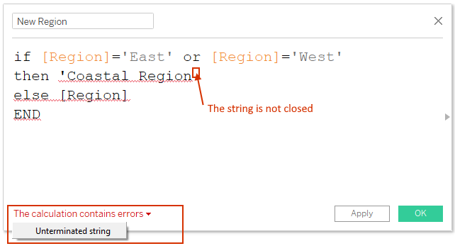 tableau error on unterminated strings