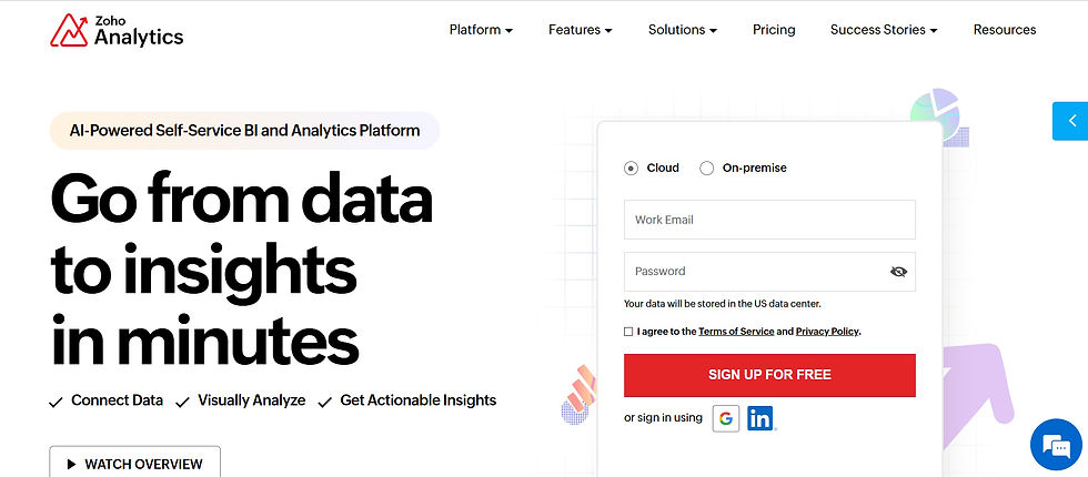 image of zoho analytics landing page