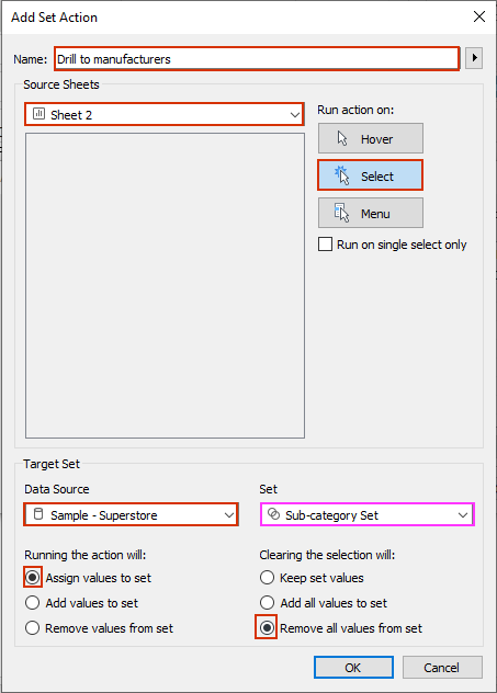 Tableau set action