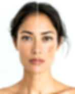 Woman's face split. One side has freckles, the other is flawless. Cagri Sade.