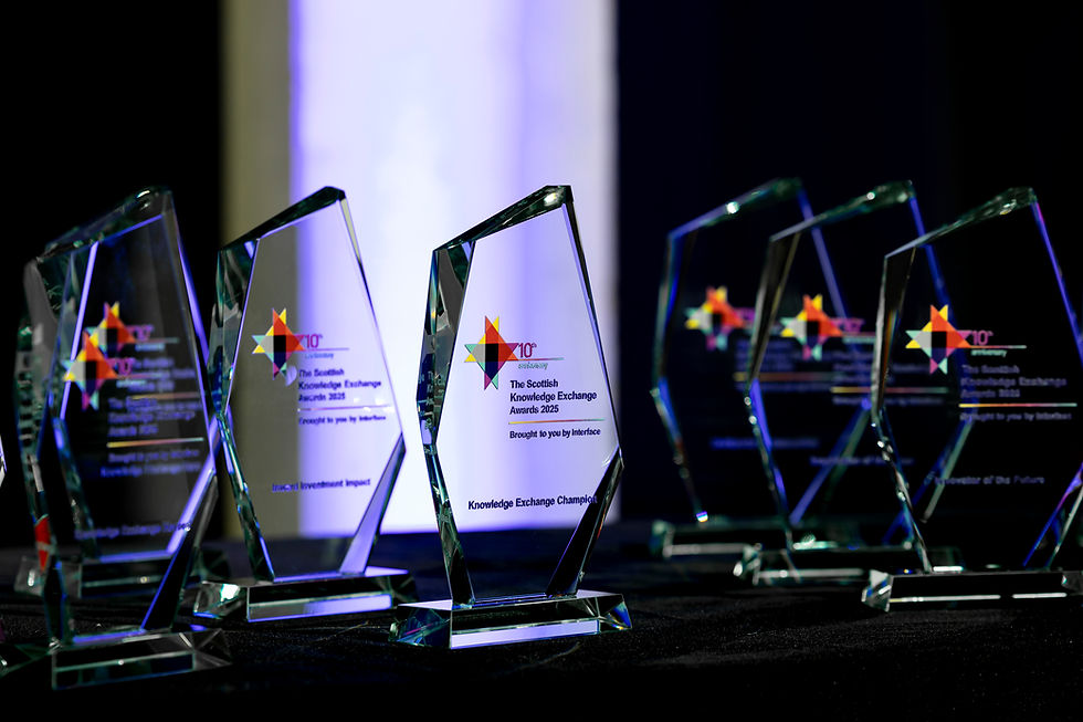 Photo of trophies from the Scottish Knowledge Exchange Awards 2025.
