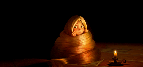 Rapunzel wrapped in her hair