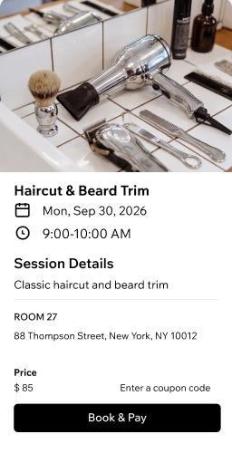Booking page for a haircut and beard trim appointment showing barber tools, session details, pricing at $85, and a Book & Pay button