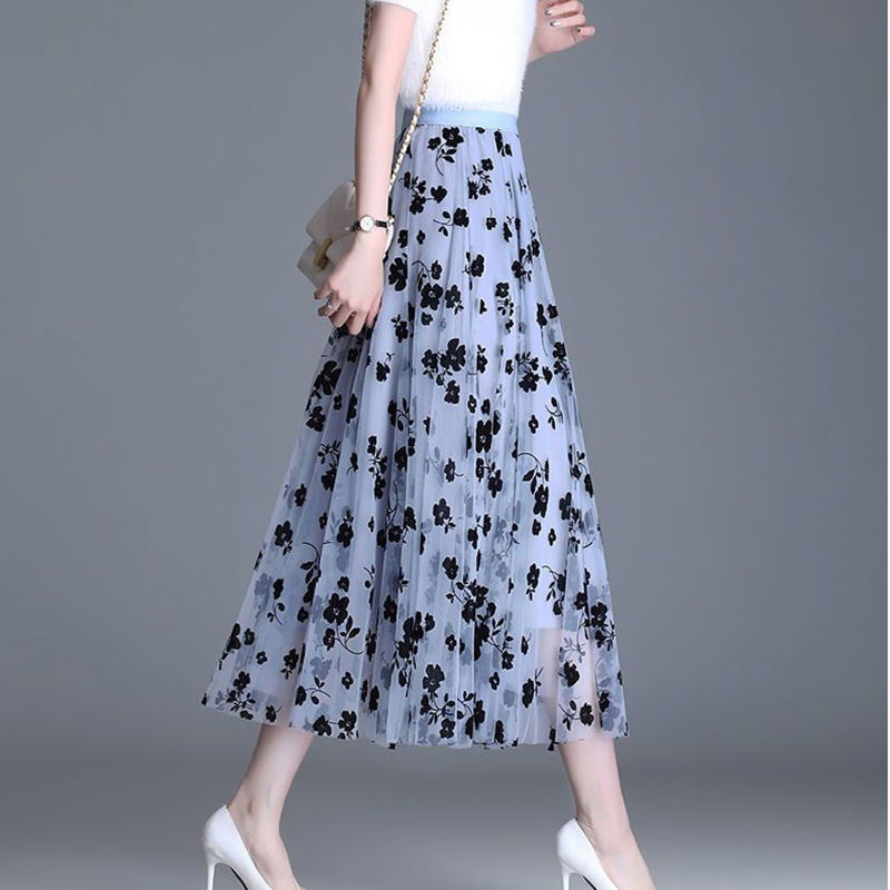 Thumbnail: Korean Women Tulle Skirt Fashion Summer Hook Floral Loose Midi Skirt Elegant Fem