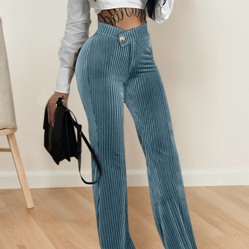 Vertical Striped Palazzo Pants Female Elastic High Waisted Flare Trouser Elegant