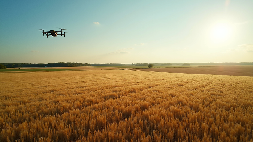 Aerial view of a vast agricultural field with a drone in the sky