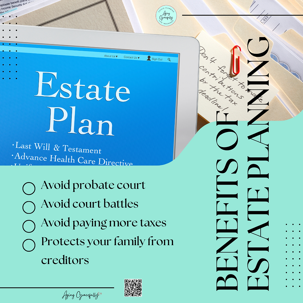 Graphic illustrating the benefits of estate planning, including the avoidance of probate court costs and delays, and the prevention of court battles over asset distribution.