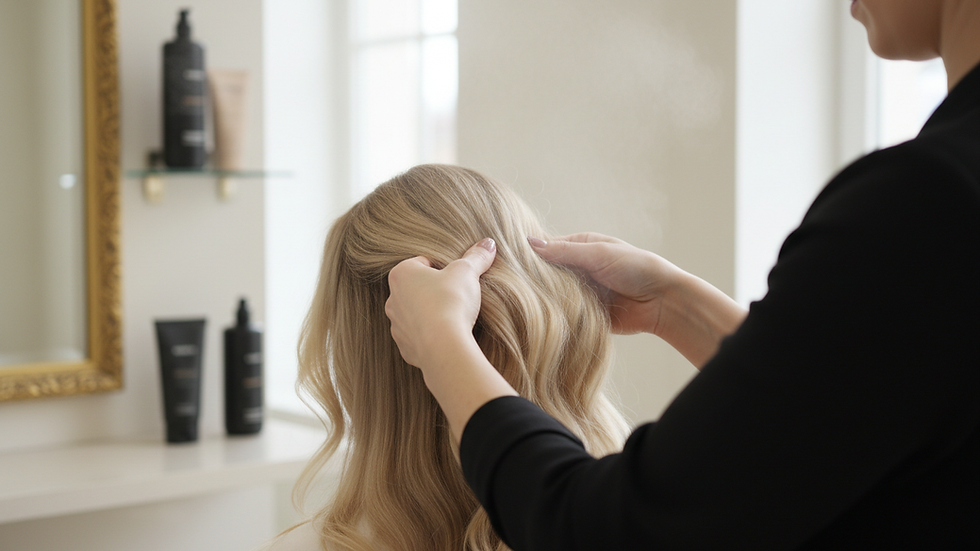 Eye-level view of a stylist carefully applying hair extensions in a chic salon setting