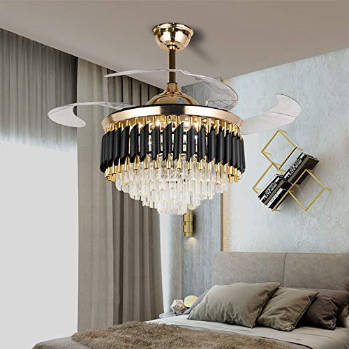 Lustre Ventilateur de Plafond Cristal Doré — Pales Rétractables LED