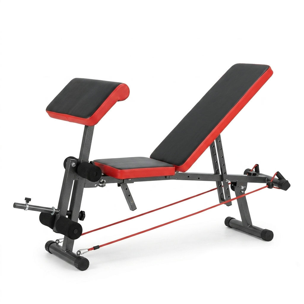 Banc de Musculation Multifonction avec Pupitre à Biceps et Élastiques