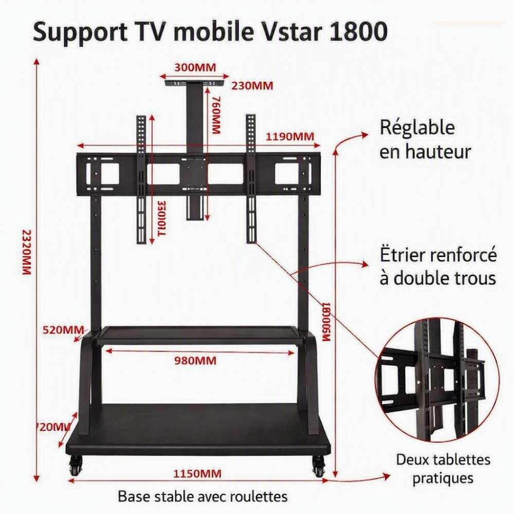 Support TV Mobile V-Star 1800 — Chariot Roulant 60 à 90 Pouces