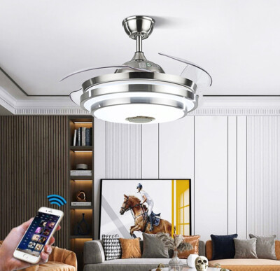Lustre Ventilateur de Plafond Chromé Bluetooth — Pales Rétractables LED