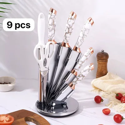 Set de 9 couteaux de chef en acier inoxydable sur support rotatif