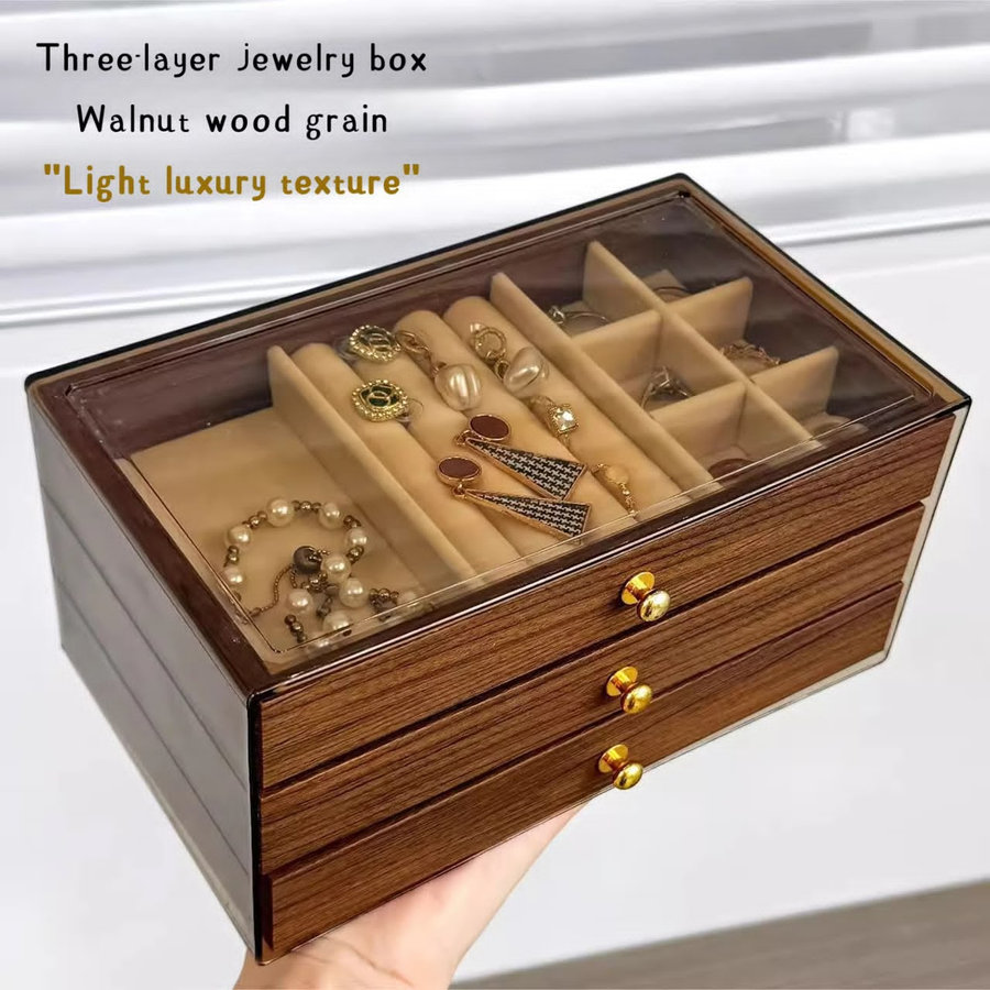 Boîte à bijoux en bois 3 tiroirs avec couvercle transparent