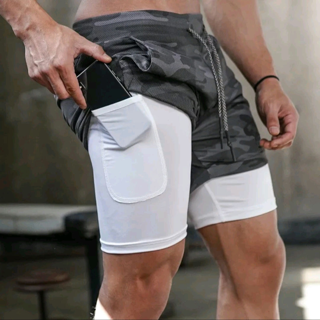 Short à compression camouflage pour hommes avec poche pour téléphone