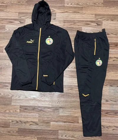 Ensemble blouson équipe Sénégal, veste à capuche noire zip doré, pantalon noir