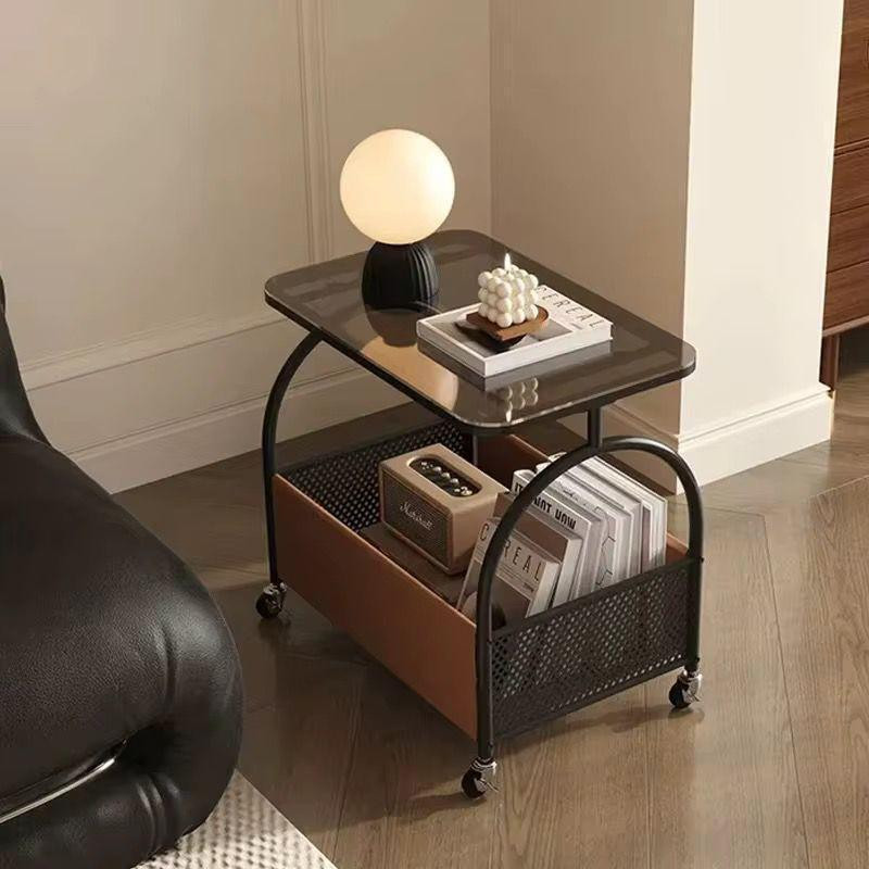 Table d’appoint moderne en verre solide avec cadre et panier de rangement rétro 