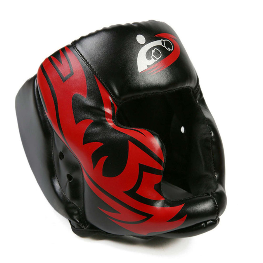 Casque de protection boxe thaïlandaise noir et rouge, motif graphique