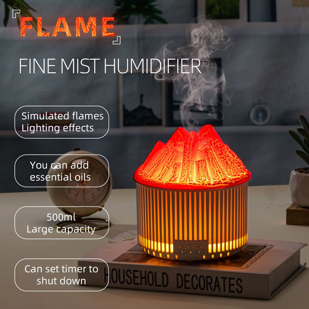 Diffuseur d’arômes effet flamme volcanique – Humidificateur LED 500 ml