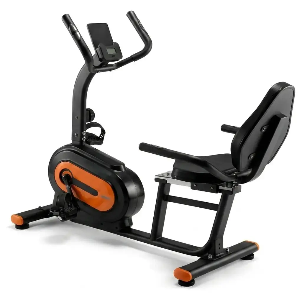Vélo Couché Reclinant Cardio — Siège Ergonomique avec Dossier (noir/orange)