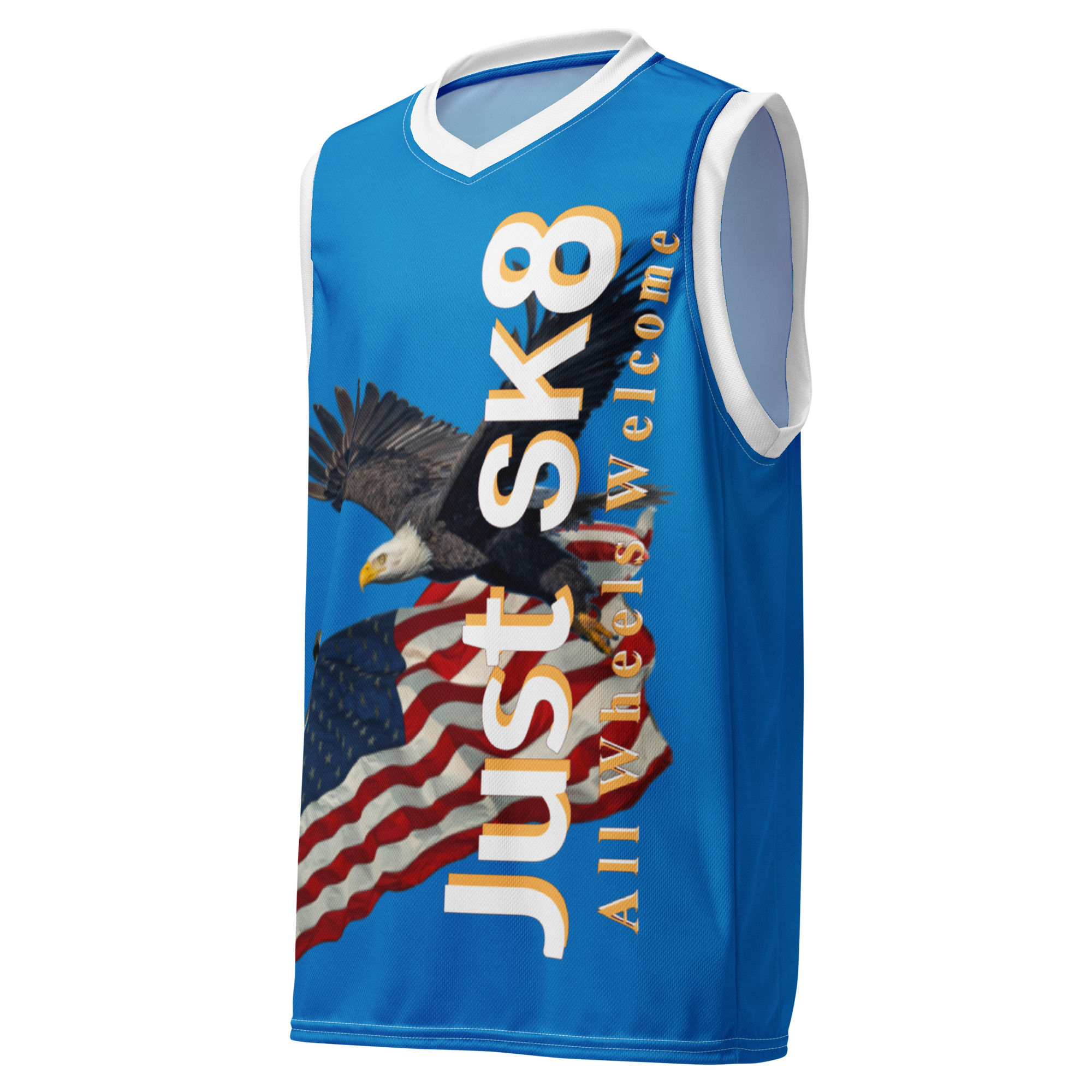 Just Sk8 Recycled unisex basketball jersey Blu Wht Amer1