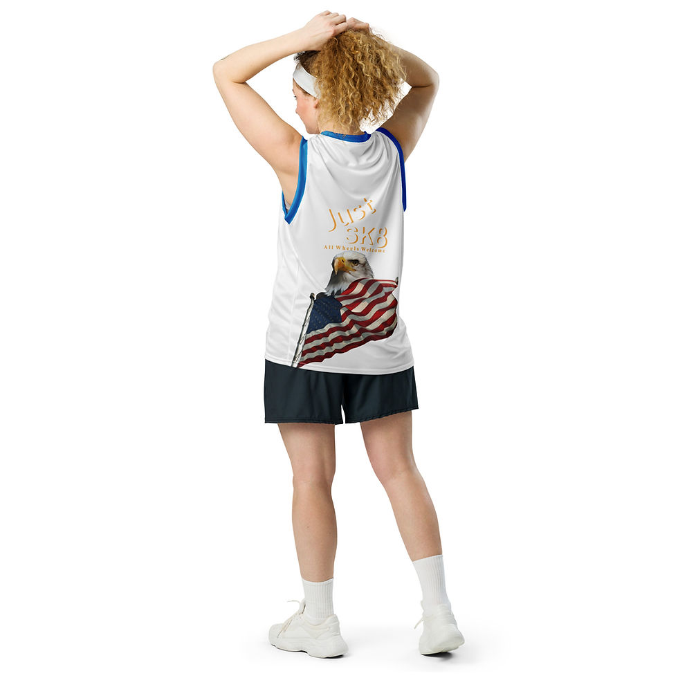 Thumbnail: Just Sk8 Recycled unisex basketball jersey Blu Str Wht Amer