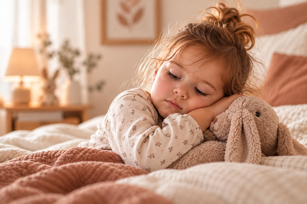 Enfant montrant des signes de somnolence, allongée dans son lit avec son doudou.
