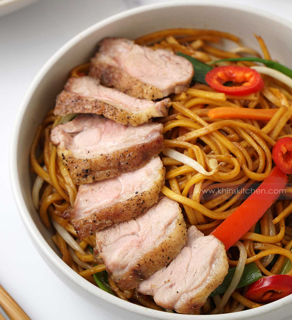 Hoi Sin Duck Breast with Stir-fried Egg Noodles with Baby Corn, Broccoli