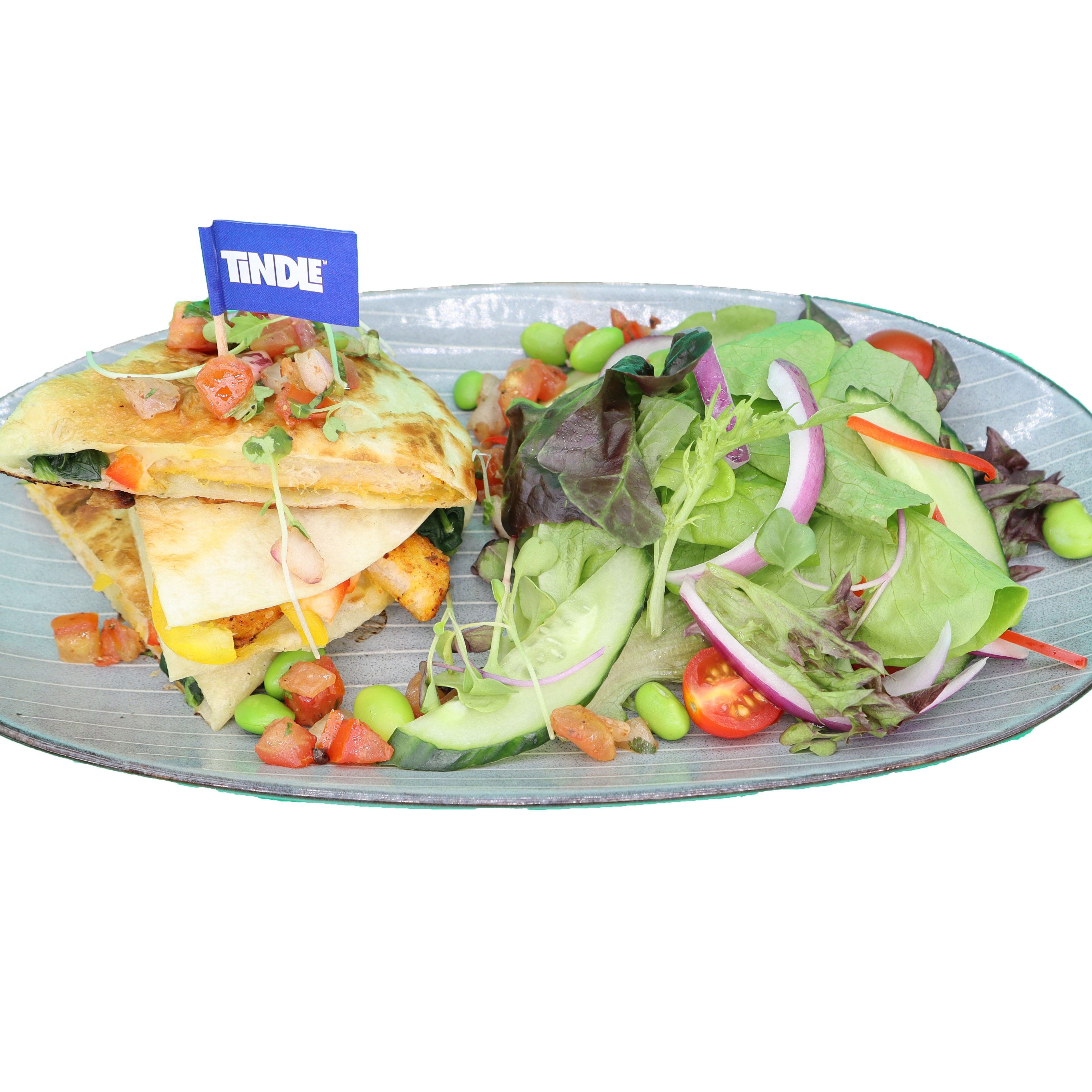 Spinach Edamame & Bell Pepper TiNDLE Quesadilla with Salsa & Lime Crema