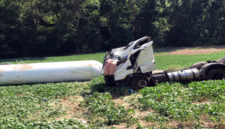 Caminhoneiro perde o controle da direção e veículo sai da pista em Coronel Vivida