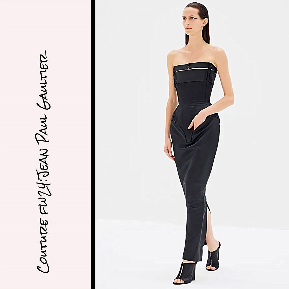 Haute Couture Fall Winter 2024/Haute Couture FW24: Jean Paul Gaultier Black Strapless Dress Gown, Straight Across Neckline with Wide Strap and Closure, Fitted Narrow Silhouette with Unique Front Pocket Detail, Bodysuit Detailing