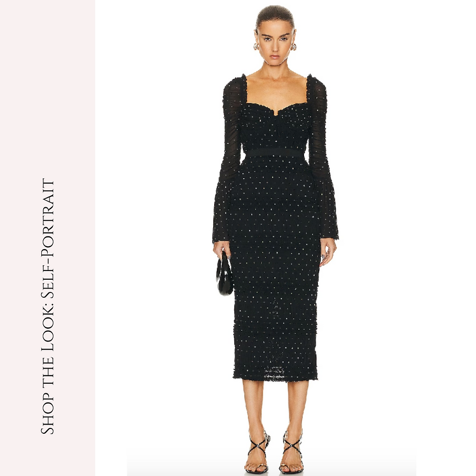 Self-Portrait Mesh Rhinestone Midi Dress in Black, Long Sleeve Fitted Dress with Sweetheart Notched Neckline, Ruched, Slightly Puff and Slightly Flared Sleeves, Below the Knee Length, in Black Smocked Mesh and Covered with Sprinkled Crystals
