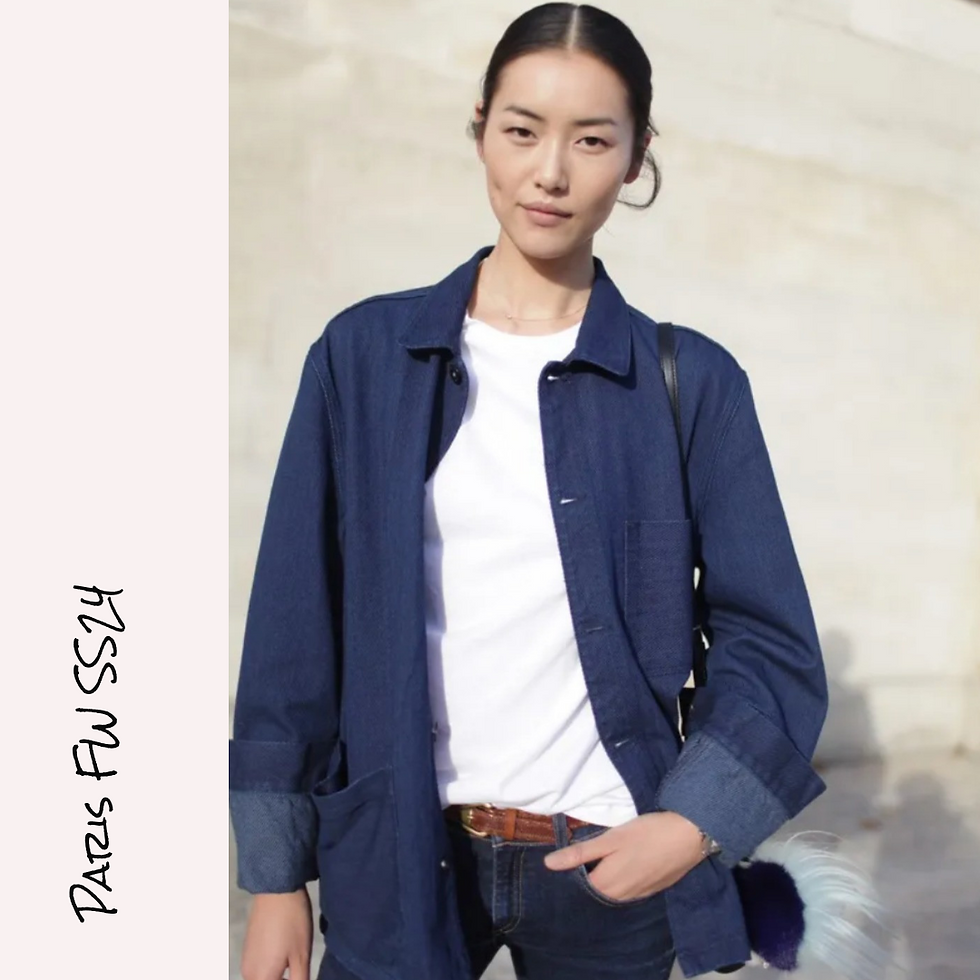 PFW Street Style SS24/Paris Fashion Week Street Style: Liu Wen Model Off Duty Look, Wearing Navy Blue Indigo Chore Jacket Over Plain White Tee Shirt, Tucked into Skinny Dark Denim Jeans with Brown Belt