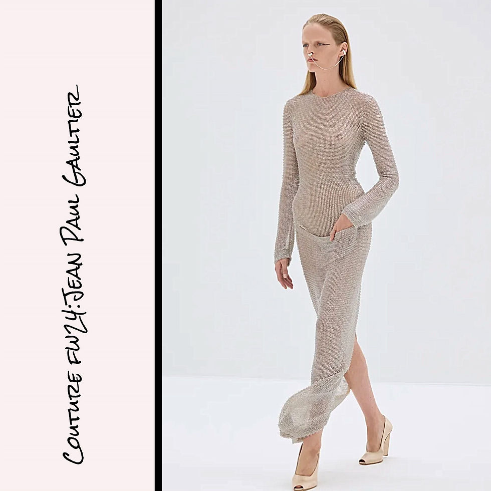 Haute Couture Fall Winter 2024/Haute Couture FW24: Jean Paul Gaultier Light Silver Champagne Sheer Beaded Evening Gown, Jewel Neck, Long Sleeve, Fitted Column Silhouette, with Unique Front Pocket Pouch, To-the Ankle Length