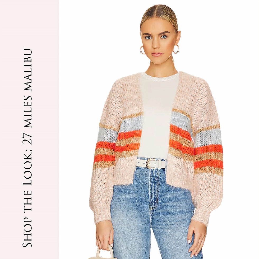 27 Miles Malibu Bruin Cardigan in Blossom; Long Sleeve Buttonless Cardigan on Blush Pale Pink Background with Stripes of Orange, Light Blue and Gold Wheat, Chunky Knit