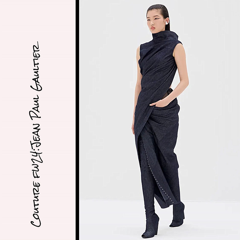 Haute Couture Fall Winter 2024/Haute Couture FW24: Jean Paul Gaultier Black Sleeveless Evening Gown Dress, High Mock Neck, Wrap Gathered & Draped Bodice, with Cutaway Torso on One Side, Wrap Skirt with Unique Pocket Detail and Hook & Eye Trim, To-the-Ankle Length, of Black Small Floral Jacquard, Fitted Silhouette, Worn with Black Over-the-Knee Boots