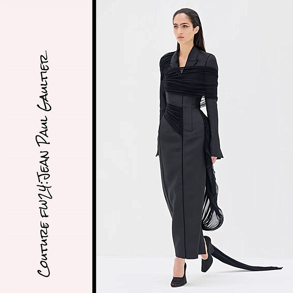Haute Couture Fall Winter 2024/Haute Couture FW24: Jean Paul Gaultier Black Coat Dress, Extra Long Sleeve, Narrow Peak Lapel, Narrow Fitted Silhouette, To-the-Ankle Length, Tulle Wrapped and Gathered Accents, Across Bust, Over Bicep Wrapping Around Waist into Center Seam, and Light Trailing Flounce in the Back