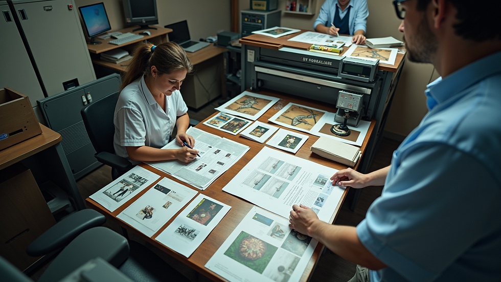 High angle view of a printing shop with workers handling printed materials