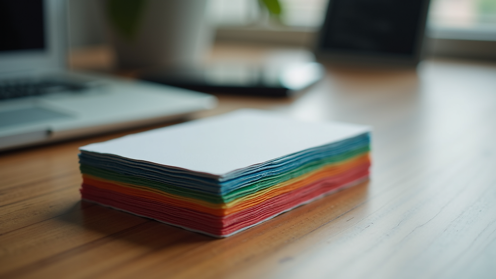 High angle view of a stack of colorful business cards on a desk