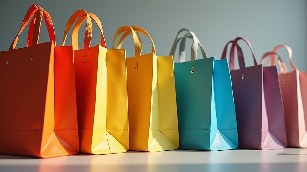 Eye-level view of a stack of colorful custom tote bags neatly arranged
