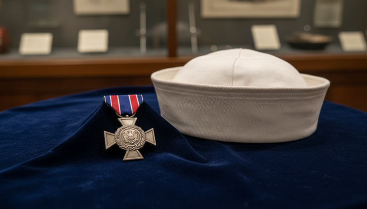 Close-up view of a Navy Cross medal resting on dark blue cloth beside a folded sailor’s cap.