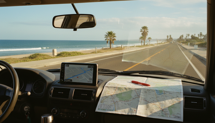 Eye-level view of a car dashboard showing a route near a coastal road.